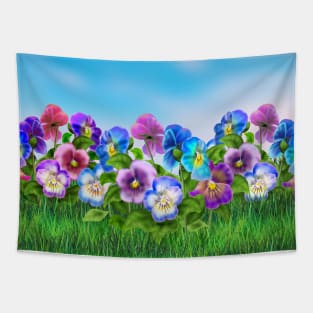 Beautiful Pansy Flowers Violet Viola Tricolor Floral Pattern. Watercolor Hand Drawn Decoration. Spring colorful pansies in bloom garden flowers  blue sky, sunny day landscape. Tapestry