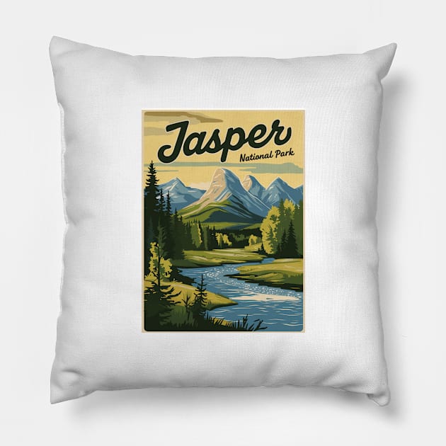 Retro Poster of Jasper National Park Pillow by Perspektiva