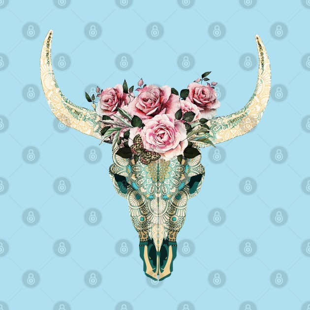 Cow Skull and floral roses crown, boho, bull skull, watercolor style and mandala decorations by Collagedream