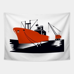 Cargo Ship with Crane Retro Tapestry