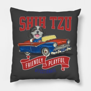 Cute Shih Tzu dog in a funny vintage classic retro car with red white and blue flags Pillow