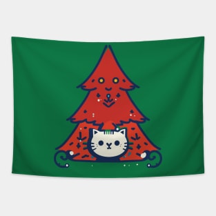 Meowy Catmas - Cute Cat In A Red Christmas Tree Tapestry