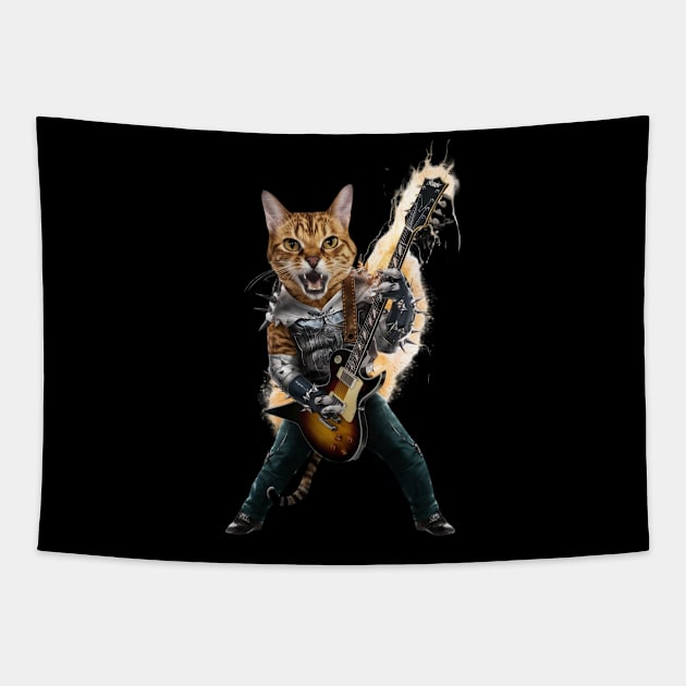 Cat Rock Bengal Funny Electric Guitar Punk Rocker Gift For Cat Mum Mom Dad Heavy Metal Kitten Cats Lover Tapestry by DeanWardDesigns