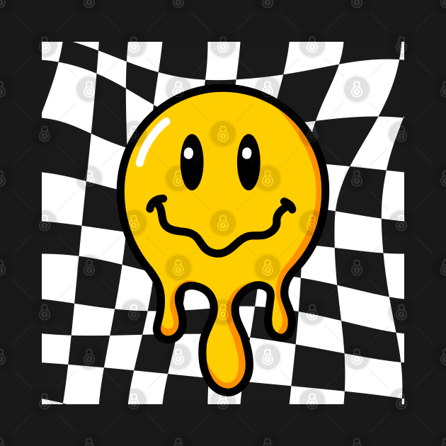 Funny 70s Melting Yellow Smile Face Cute Checkered Smiling Happy by Peter smith