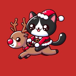 Tuxedo cat in santa costume, riding a reindeer T-Shirt