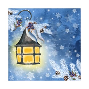 Vintage streetlamp watercolor illustration. Winter fairy background. Christmas fantasy illustration.  Night magic scenery T-Shirt