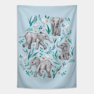 Baby Elephants and Egrets in Watercolor - egg shell blue Tapestry