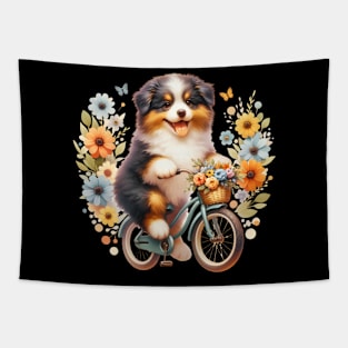 Cute Australian Shepherd Puppy Biking Tapestry