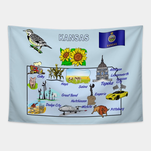 Tourist attractions map of Kansas state, USA, major cities, flag - Kansas Map - Tapestry  TeePublic