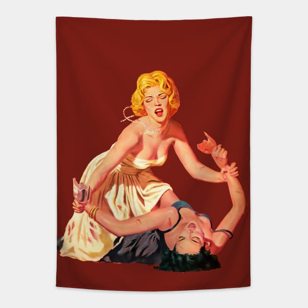 Blonde and Brunette Fight Pulp Fiction Sexy Pin Up Girls Real Men Love Lies Bleeding Retro Comics Vintage Old Tapestry by REVISTANGO