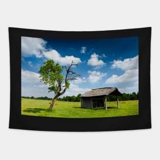 Wooden cabin and tree Tapestry