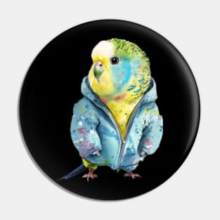 Budgerigar watercolor wearing jacket Pin