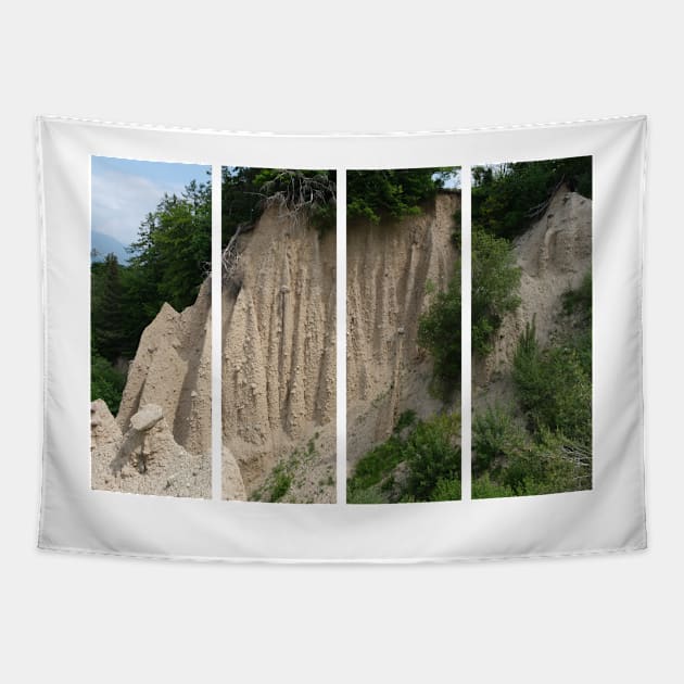 The incredible earth pyramids of Collepietra (Piramidi di Terra) in the Dolomites. Striking place. Italian Alps. Sunny spring day with no people. Valley in the background. Trentino Alto Adige. Tapestry by fabbroni-art