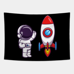 Astronaut Waving Hand to Rocket Cartoon Tapestry