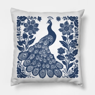 Peacock Folk Art Block Print Navy Blue Pillow