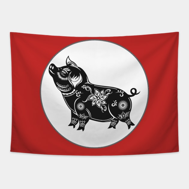 Year Of The Pig Chinese Paper Cut Art Design Tapestry by WorldMusicGal