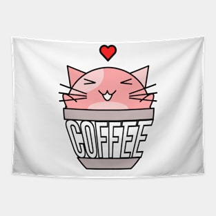 Happy cat in coffee cup with warped text heart on head pink Tapestry