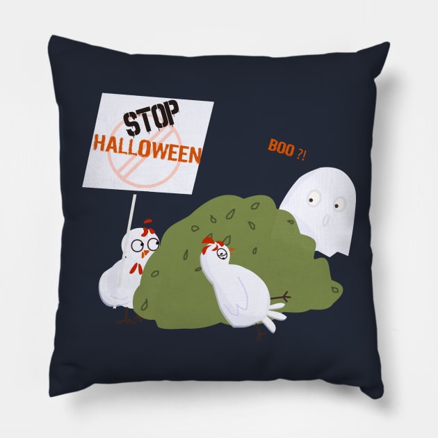 Stop Halloween! Chickens Protest Pillow by Luli and Liza