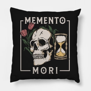 memento mori skull, hourglass, tulip flower Pillow