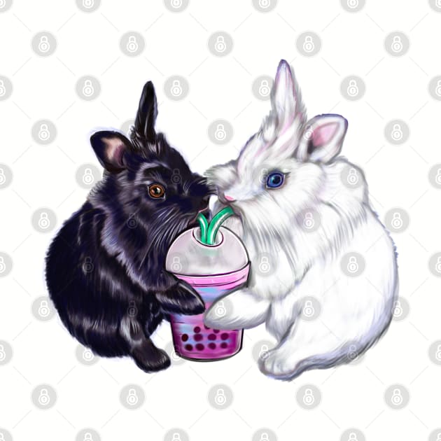 Boba bunnies - bunny rabbits sipping bubble tea - pair of cute furry ebony and snow colored coloured lionhead bunny rabbit by Artonmytee