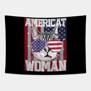 Americat Woman American Flag 4th Of July Cat Meowica Tapestry