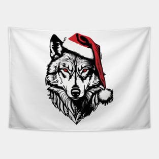 Christmas Wolf with Santa Hat Tapestry