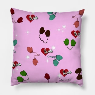 Winter Love Mittens and Snowflake Pattern on Fuchsia Pink Pillow