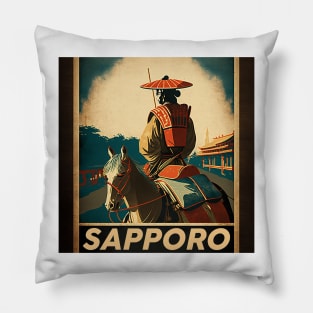 Sapporo Japan Samurai Vintage Travel Art Poster Pillow