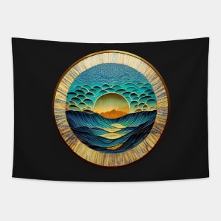 Ocean Waves, Sun, Clouds, and Land - Monocular View Tapestry