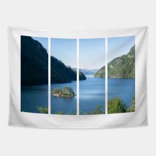 Wonderful landscapes in Norway. Beautiful scenery of a island with a red house on the Lovrafjorden fjord. Mountains with snow in background. Sunny day Tapestry