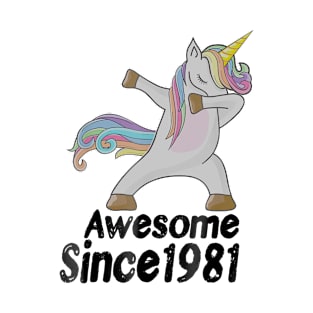 38th Birthday Gift Awesome Since 1981 Unicorn Dabbing T-Shirt