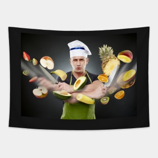 Fast cook slicing fruits in mid-air Tapestry