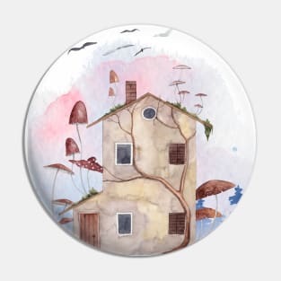 Cute House and Giant Mushrooms Fantasy Illustration Pin