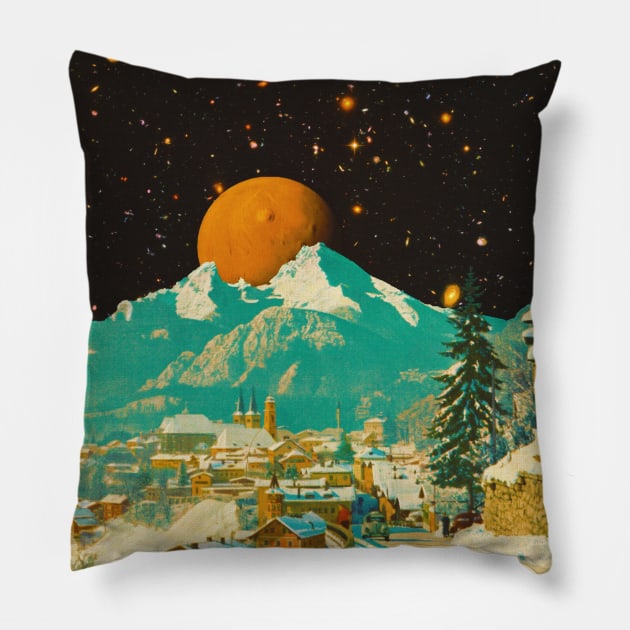 Sunny Village On The Snow Moon - Space Collage, Retro Futurism, Sci-Fi Pillow by jessgaspar