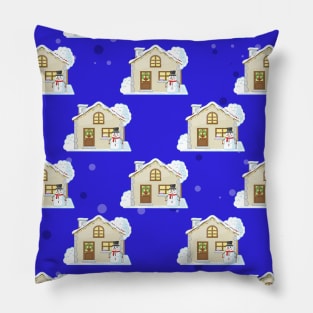 Christmas House Pattern - Blue Background Pillow