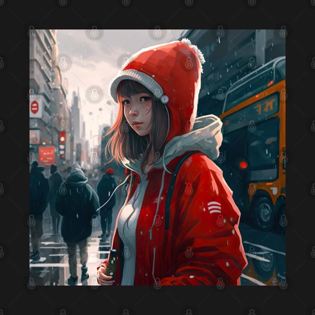 Japanese Girl in Tokyo Red Winter Clothing by unrealartwork