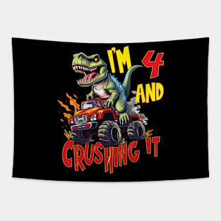 I'm 4 and Crushing It 4yr 4th Four Birthday Monster Truck T-Rex Dinosaur Boy Girl 4 Years Old Tapestry