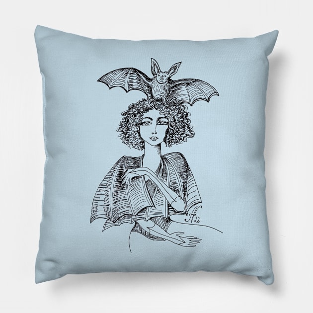 Bat Girl with a Bat Friend Pillow by Anna Nadler Art