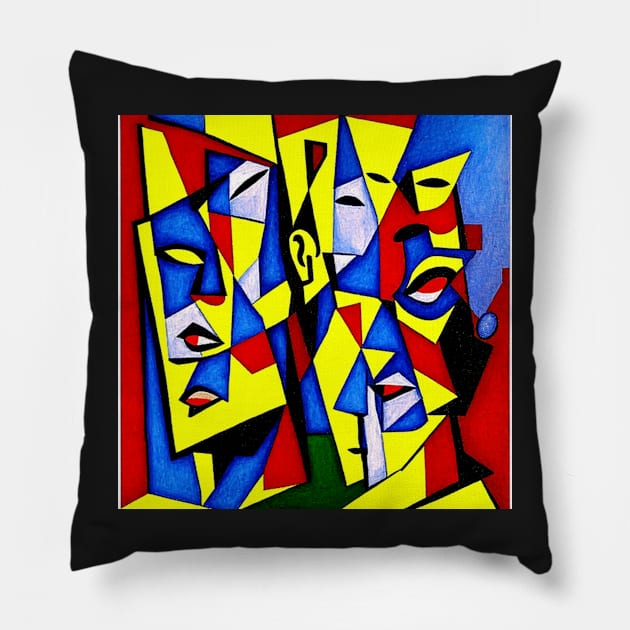 featured on deviantart, cubism, defined facial features, three heads, complementary colourhree colors, parallelism, close-up print of fractured, drawings Pillow by Psychedeers