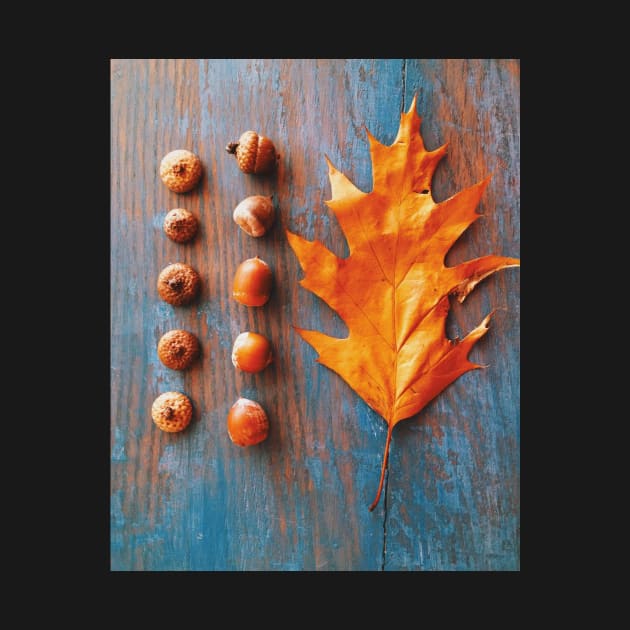 Oak Leaf and Acorns on Blue Vintage Table by oliviastclaire