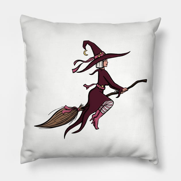 Hot witch modern and stylish purple and pink witch on her broomstick cute cartoon digital illustration Pillow by AlmightyClaire