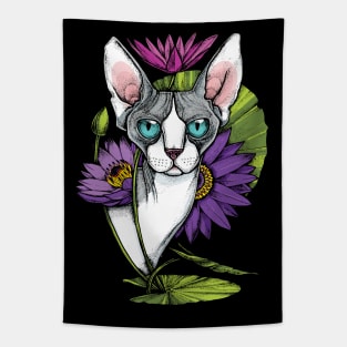 Sphynx Cat with Blue Lotus Tapestry