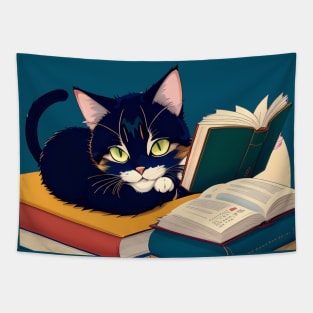 Funny Cute Kawaii Anime Book Reading Bookworm Cat Tapestry