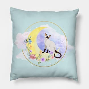 Siamese cat with flowers and moon Pillow