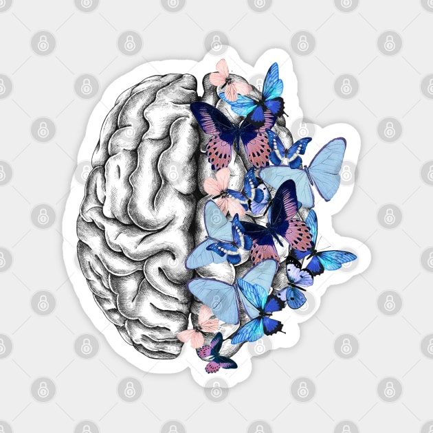 Brain blue butterflies, Mental Health Magnet by Collagedream