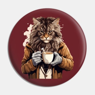 Maine Coon Cat Drinking Coffee Pin