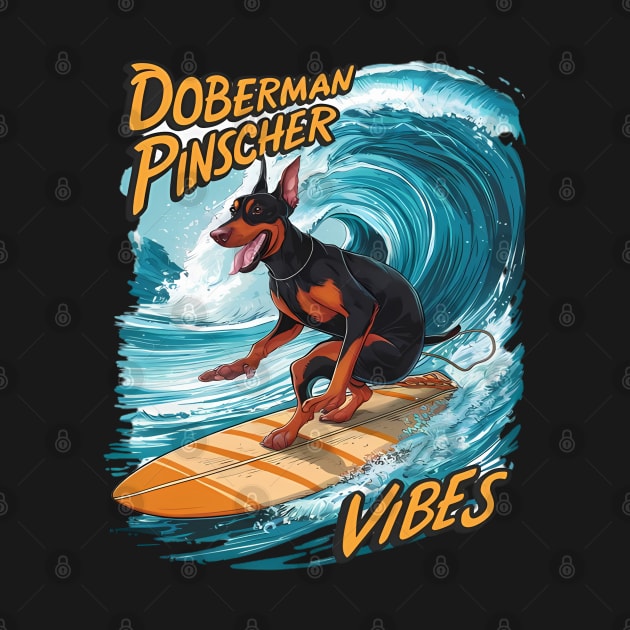 Doberman Pinscher Surfer Riding Tropical Wave by coollooks