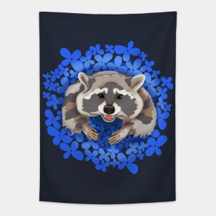 Raccoon with blue flowers Tapestry