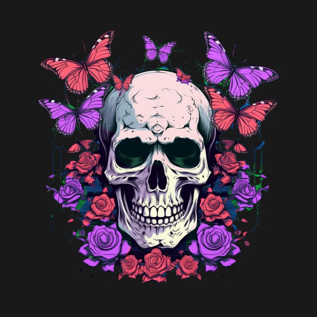 Psychedelic Neon Skull with Roses and Butterflies by TOKEBI