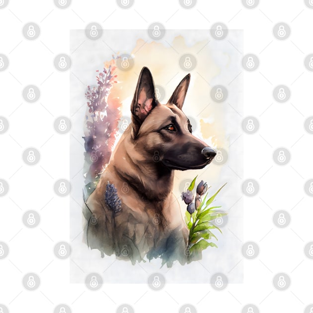 A Belgian Malinois Dog in a Garden Watercolor by designs4days